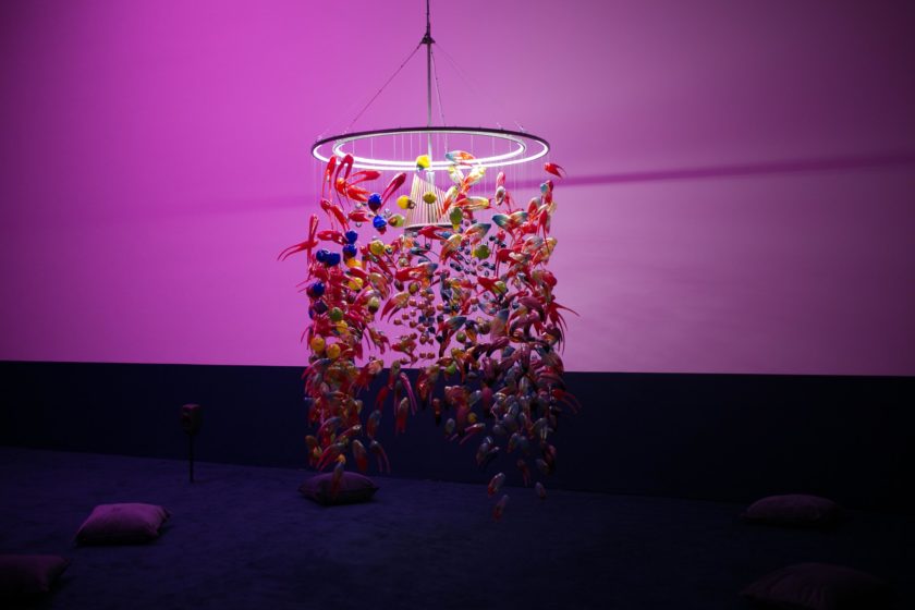 Alex Cecchetti, Singing Chandelier (2018) 1000 unique blown glass pieces, waterphone, iron structure. Installation view: At the Gates of the Music Palace, Spike Island, Bristol. Photograph by Stuart Whipps