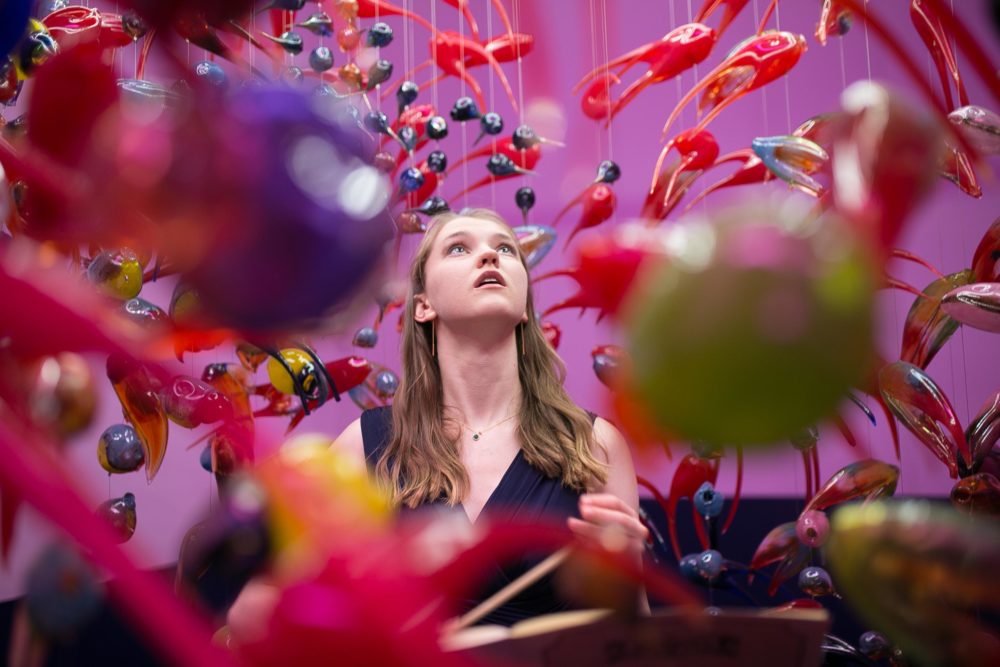 Alex Cecchetti, Singing Chandelier (2018) 1000 unique blown glass pieces, waterphone, iron structure. Installation view: At the Gates of the Music Palace, Spike Island, Bristol. Photograph by Lisa Whiting