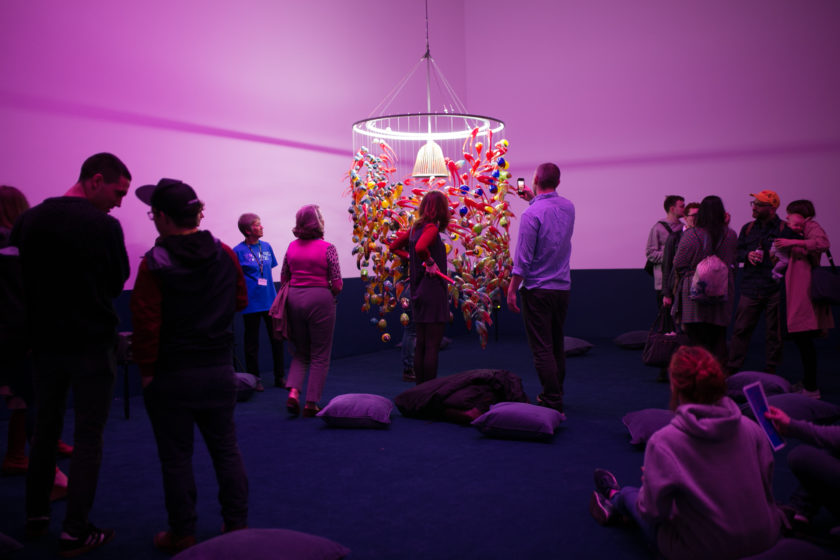 Alex Cecchetti, Singing Chandelier (2018) 1000 unique blown glass pieces, waterphone, iron structure. Installation view: At the Gates of the Music Palace, Spike Island, Bristol. Photograph by Lisa Whiting