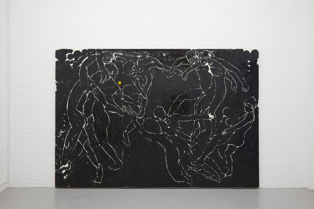 A large black canvas has faint outlines of people in a circle dancing naked. The faint outlines appear in white on black.