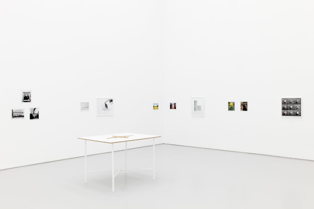 Installation view of Aurélien Froment Fröbel Fröbeled (2014). A wooden sculpture sits on a white table.