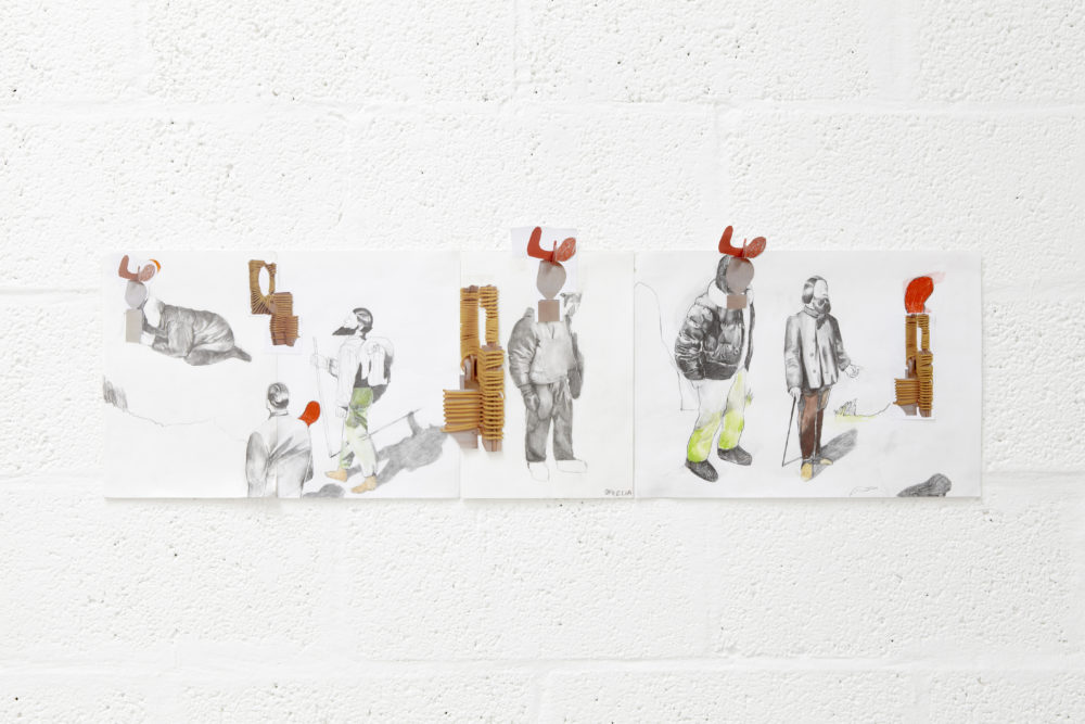 Installation view of Bloomberg New Contemporaries (2013). Three collaged images hang on the wall.