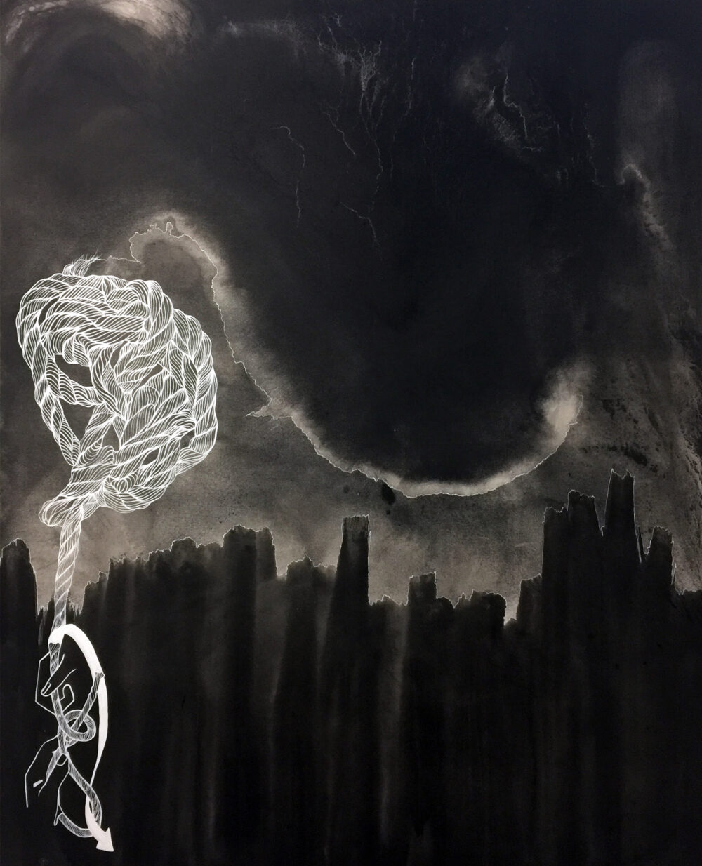 Acrylic and ink on canvas has been applied to look like, at first glance, a stormy night over a city. A rope appears as though it is being knotted over the top.