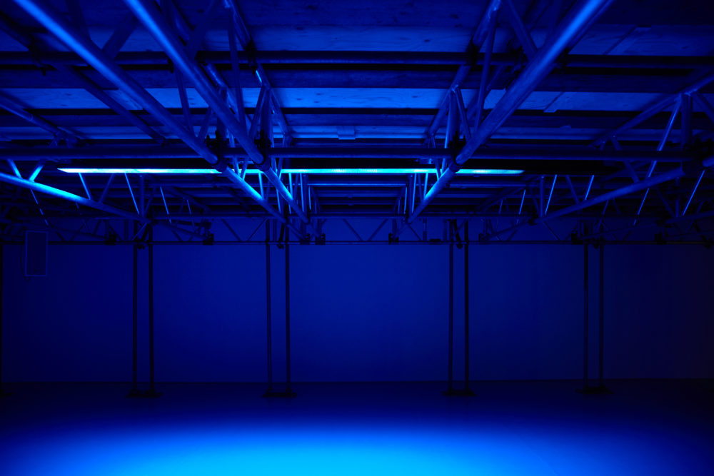 Installation: Gallery is empty but lit with blue.