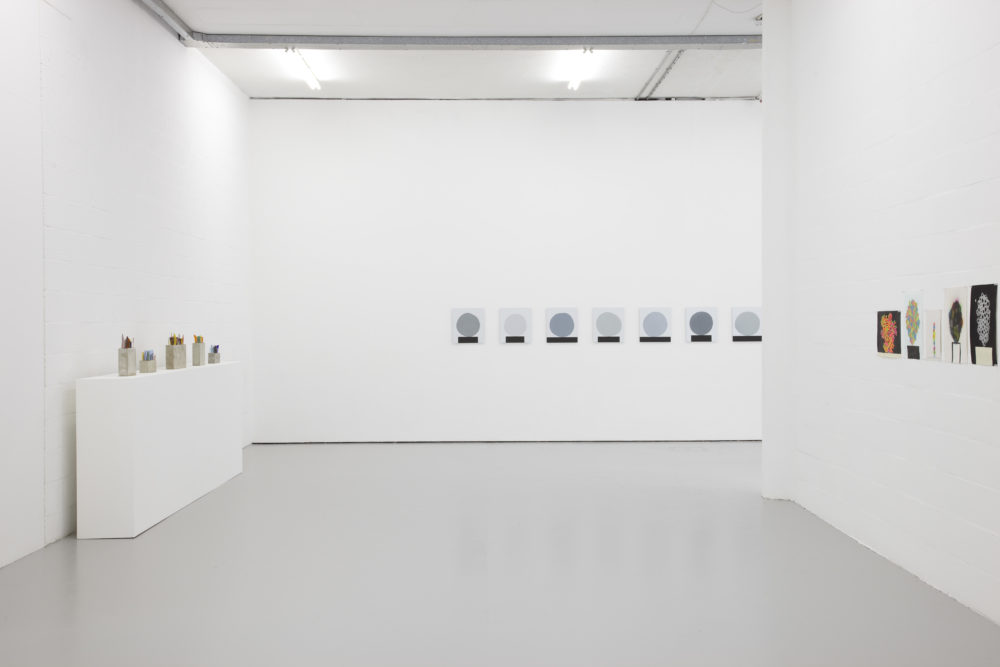 Installation view of David Batchelor Flatlands (2013). Various works are displayed.