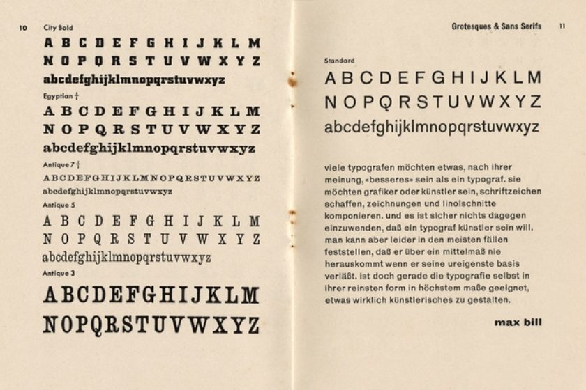 A page torn from typography book: the alphabet is written several times in different fonts.