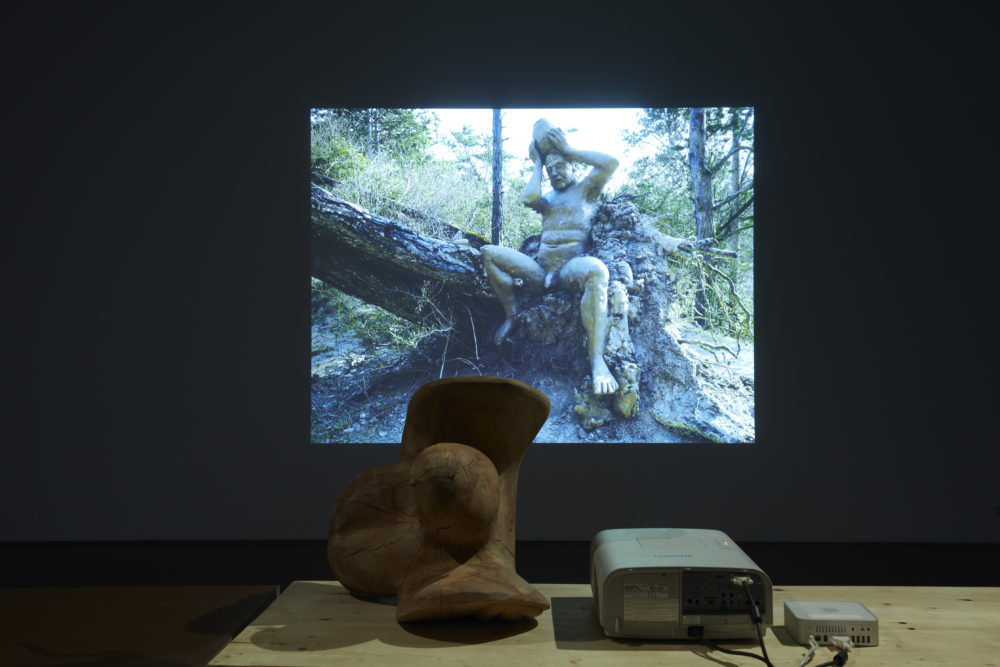 Installation view of Dewar & Gicquel, Diver (2012). A wooden structure sits on a table next to a projector. On the wall a sculpture of a naked man coming from a tree is screened.