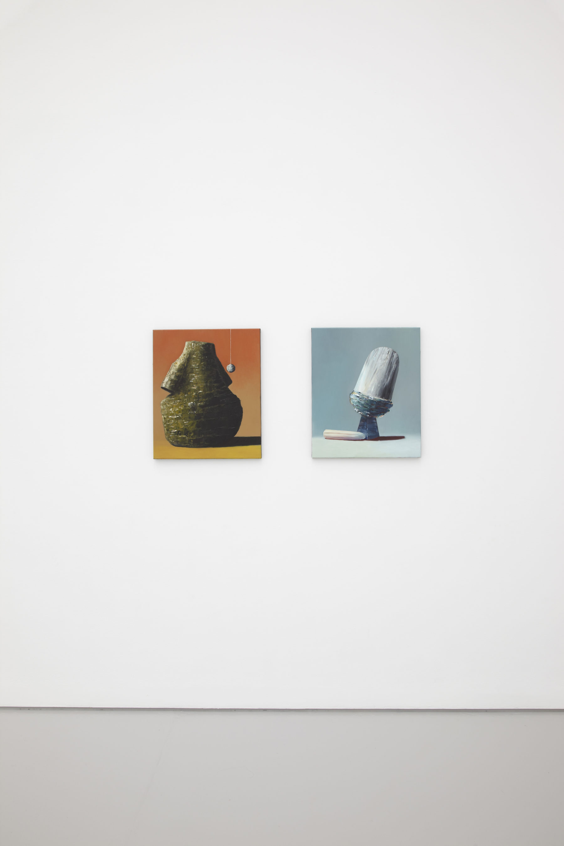 Installation shot: Two unframed paintings hang on white walls.