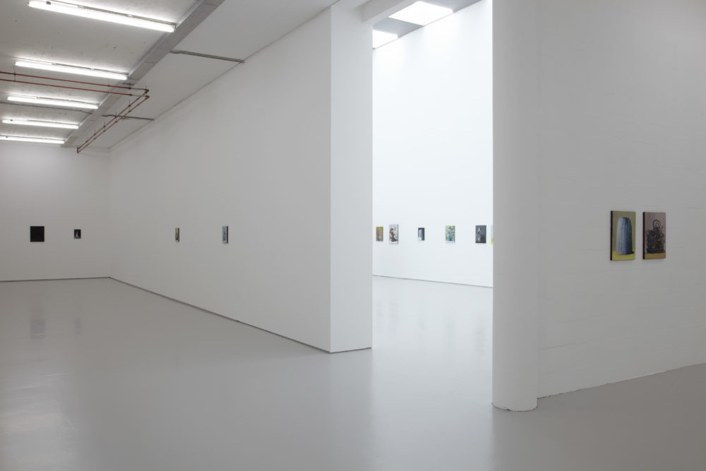 Installation shot: Several unframed paintings hang on white walls.