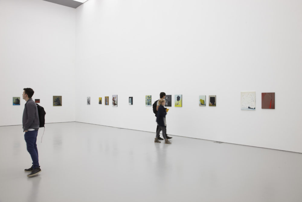 Installation shot: Fifteen unframed paintings hang on white walls, three visitors study them.