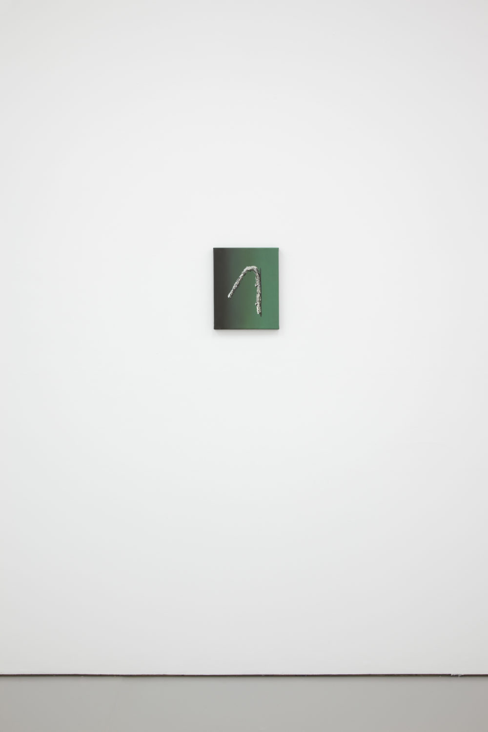 Installation shot: One unframed painting hangs on a white wall.