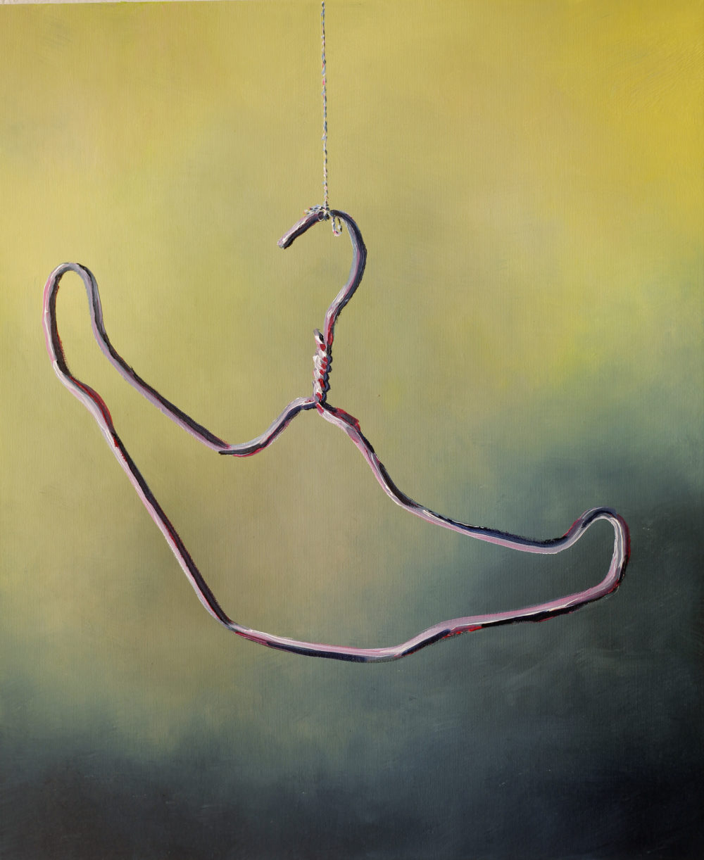 Ivan Seal's 'cowk' 2012: a painting of a mishapen wire coat hanger suspended by a piece of string that is tied to the hook.