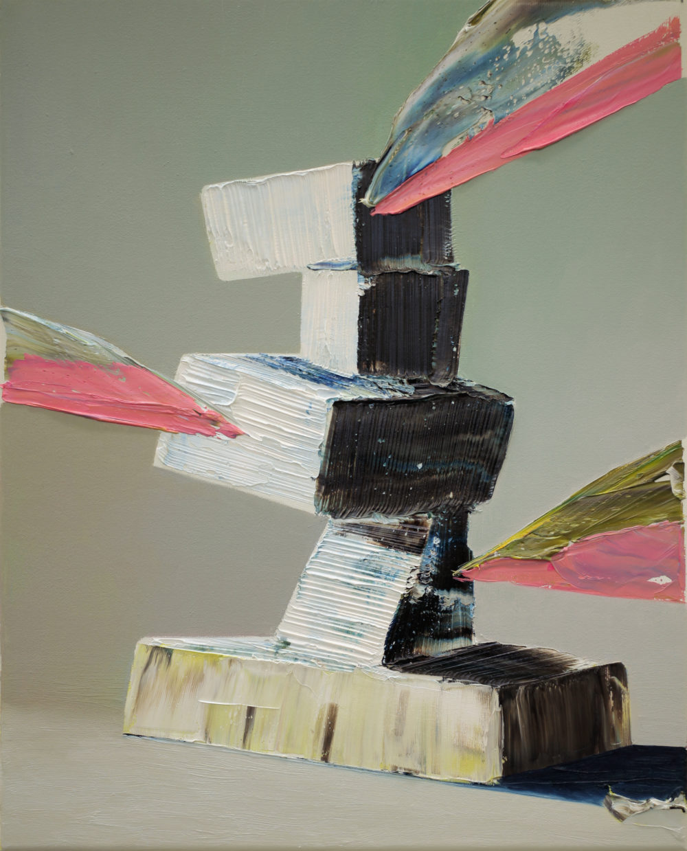 Ivan Seal's 'cowk' 2012: oil paint is applied thickly to a smooth surface in wide strokes to give the appearance of cubes and intersecting pyramids.