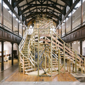 Jo Lathwood, Getting There (2018) Recycled timber. Installation at Fabrica Gallery