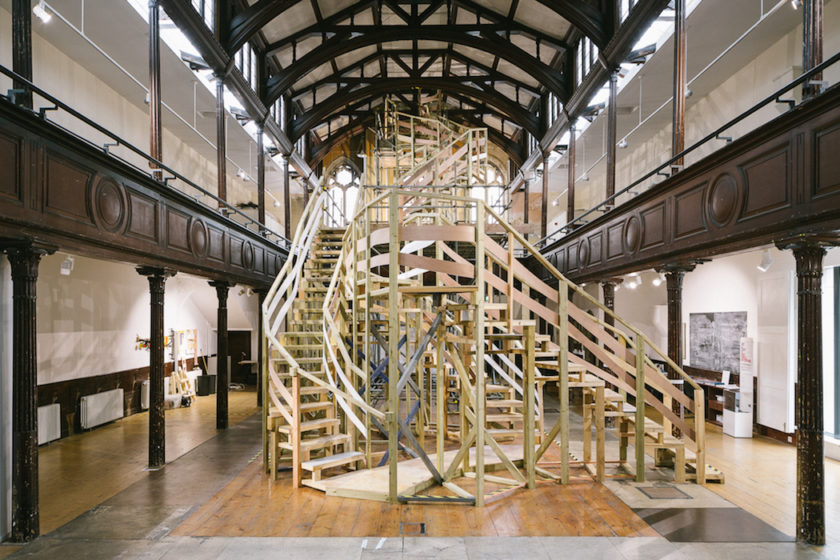 Jo Lathwood, Getting There (2018) Recycled timber. Installation at Fabrica Gallery