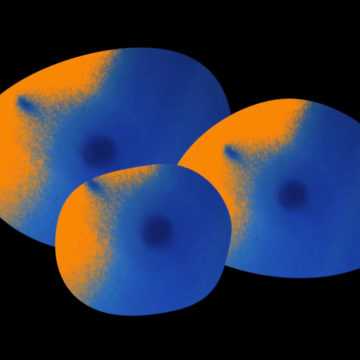 Three abstract blobs on a dark background coloured in blue and orange. The orange is to the top left of each blob, each blob has a centre darker blue spot.