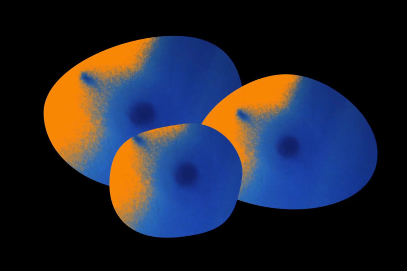 Three abstract blobs on a dark background coloured in blue and orange. The orange is to the top left of each blob, each blob has a centre darker blue spot.