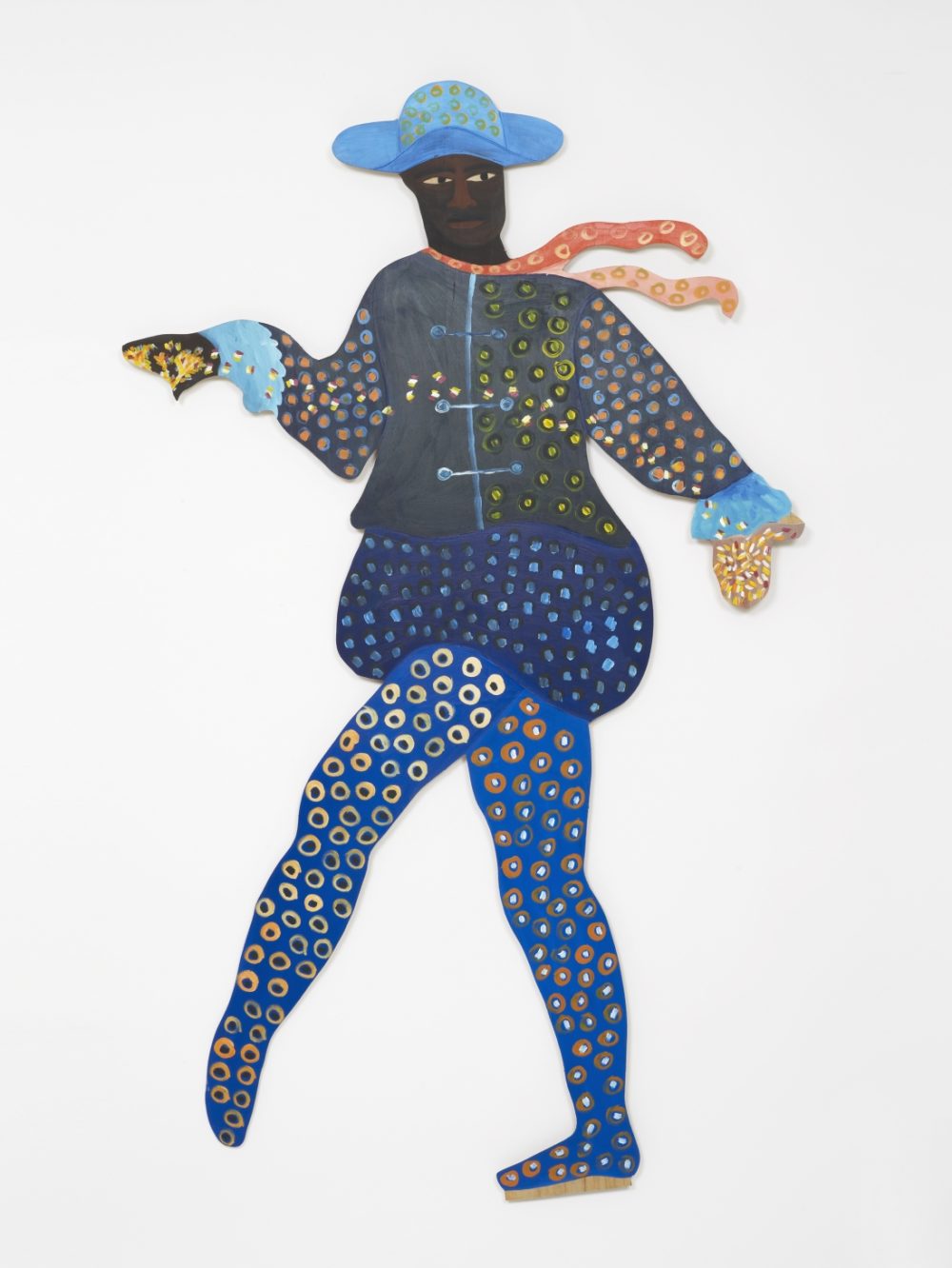 A piece from Lubaina Himid, Naming the Money (2004). A stylised painting of a figure dressed in blue and dancing.