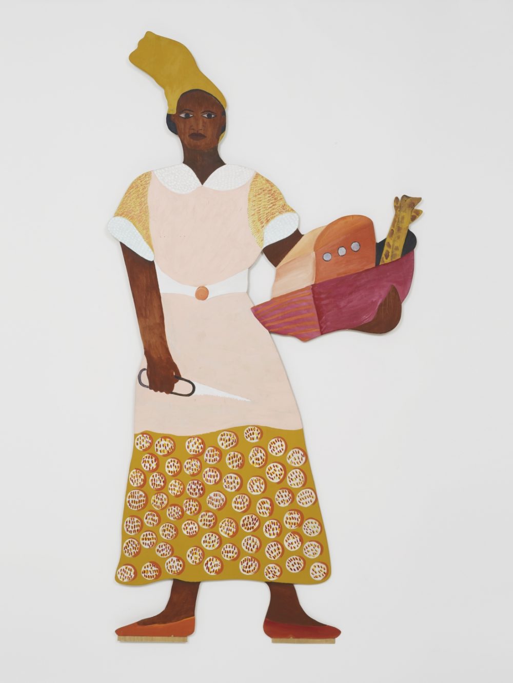 A piece from Lubaina Himid, Naming the Money (2004). A stylised painting of a figure holding a basket of shopping.