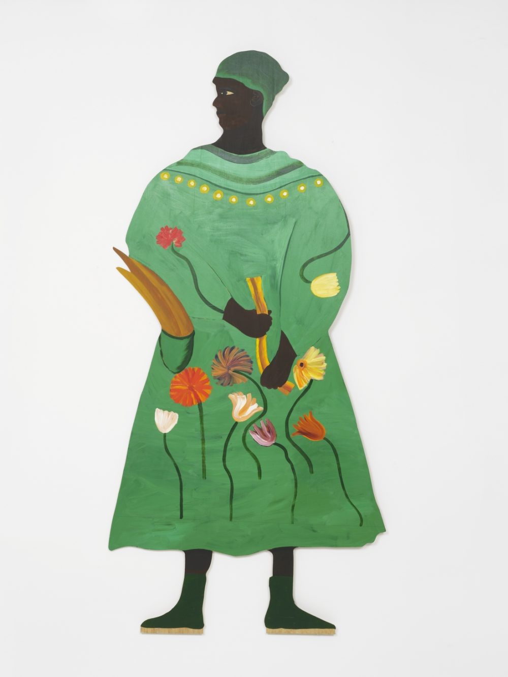 A piece from Lubaina Himid, Naming the Money (2004). A stylised painting of a figure in a green floral dress.