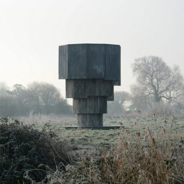 Marcus Jefferies, The Wilderness Tower (2020), steel, wood, reclaimed corrugated tin, Sharpham, Somerset