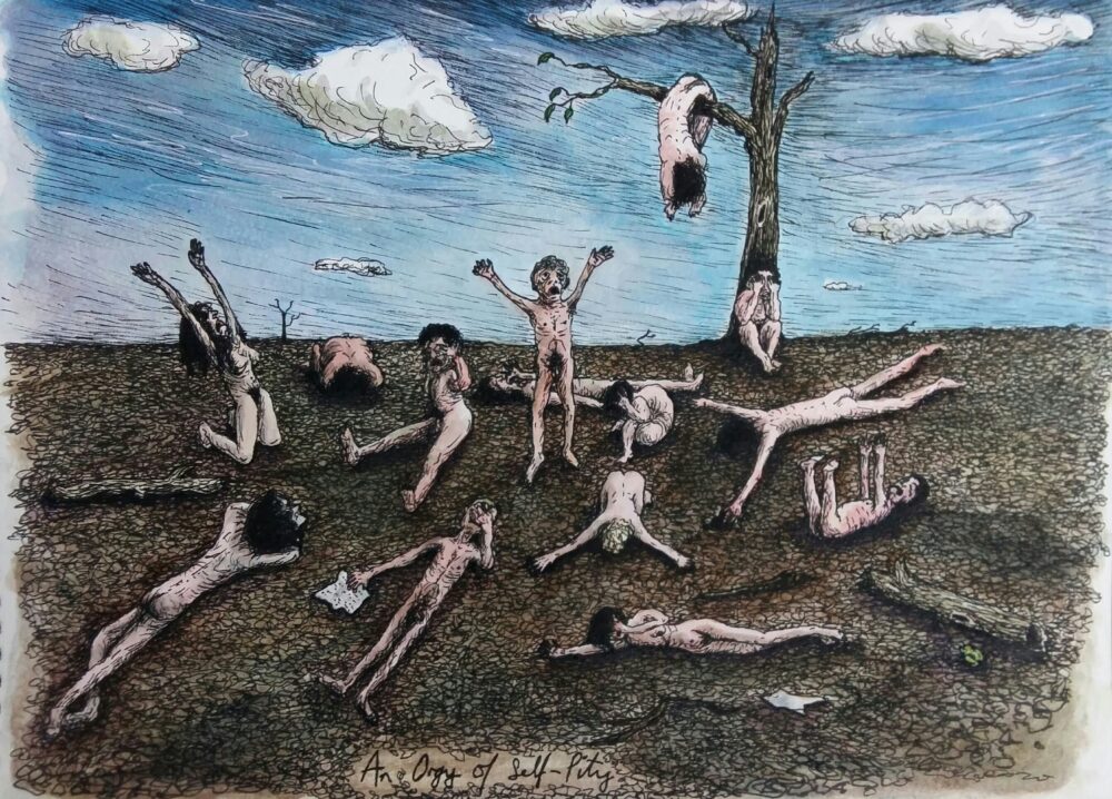 Illustration: A group of skinny white people lie naked in a desolate landscape. They look distraught - some have their hands to the sky in an exasperated expression.