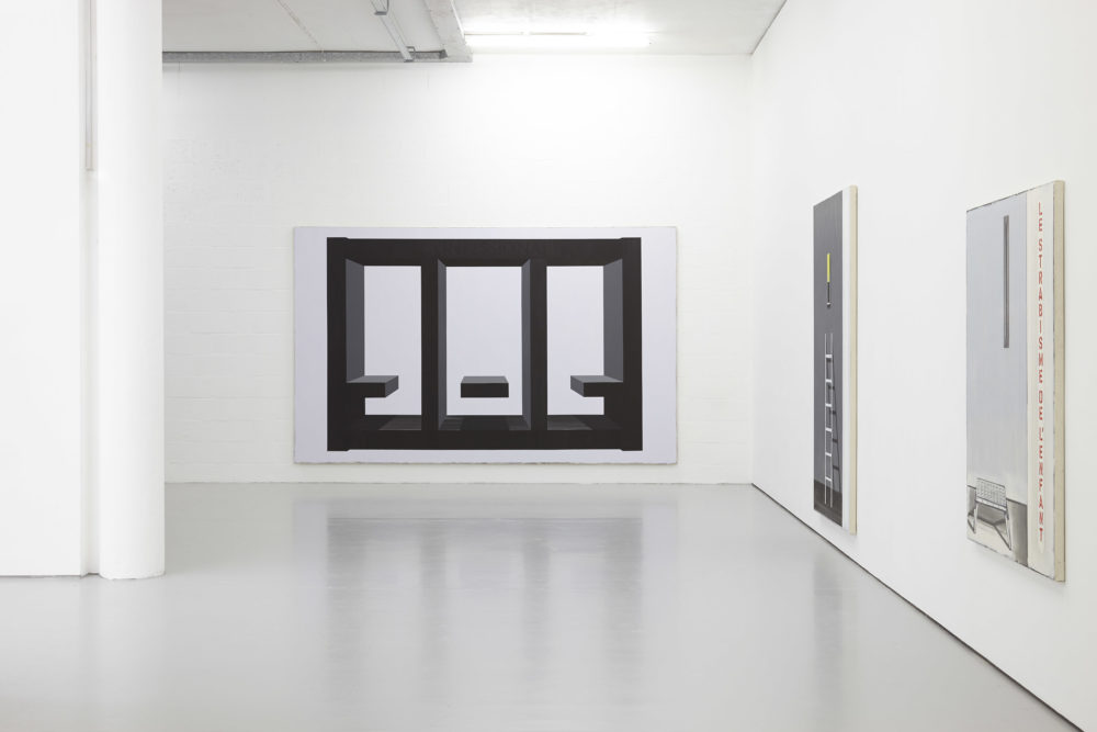 Three paintings hang in the gallery.