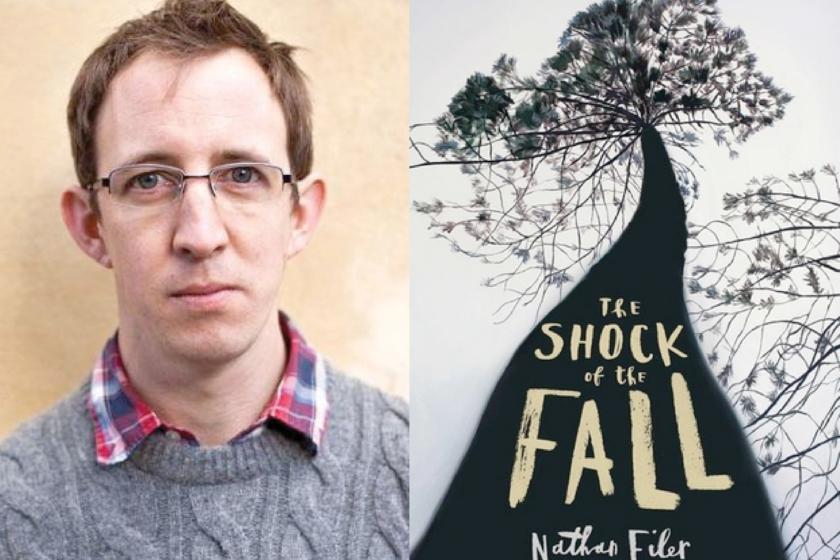 A photograph of the author Nathan Filer next to his book The Shock of the Fall.