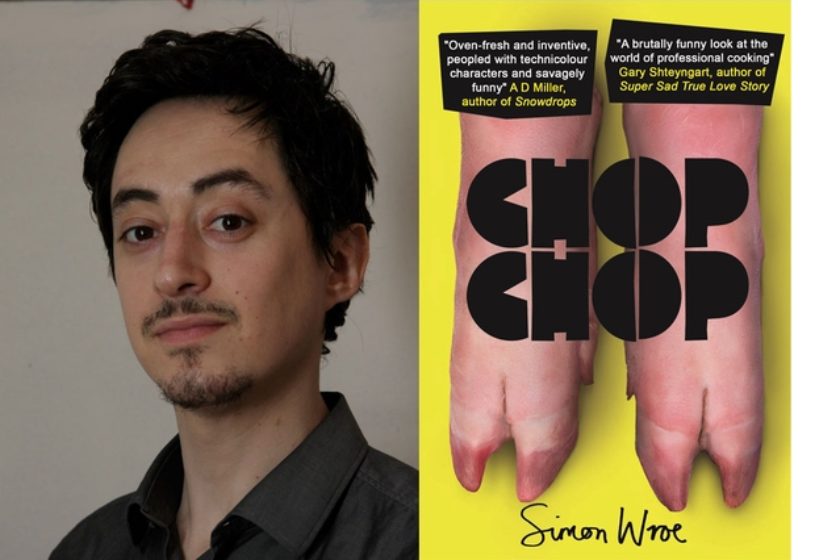 A photograph of the author Simon Wroe next to his book Chop Chop.