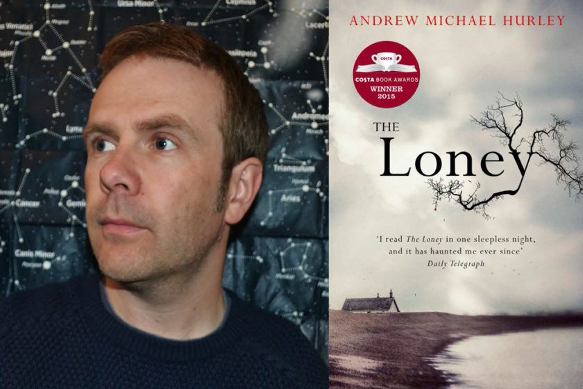 The author Andrew Michael Hurley next to their book The Loney.