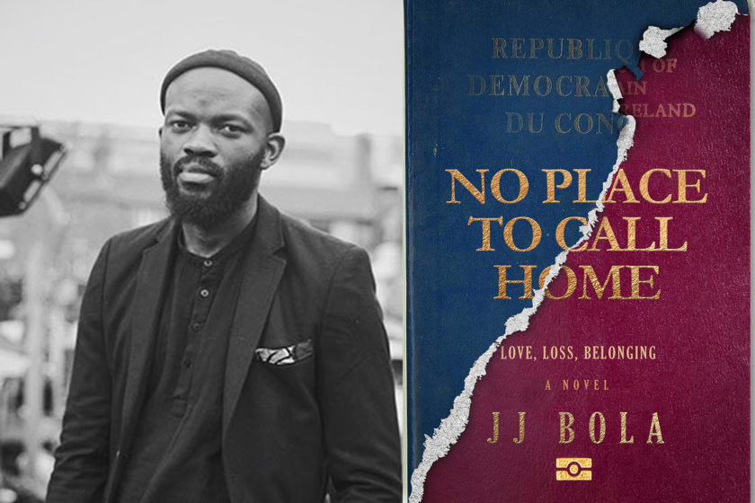 The author JJ Bola next to their book No Place To Call Home.