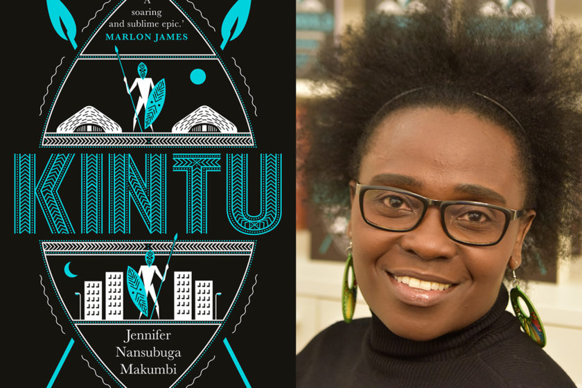 A photograph of the author Jennifer Nansubuga next to her book Kintu.