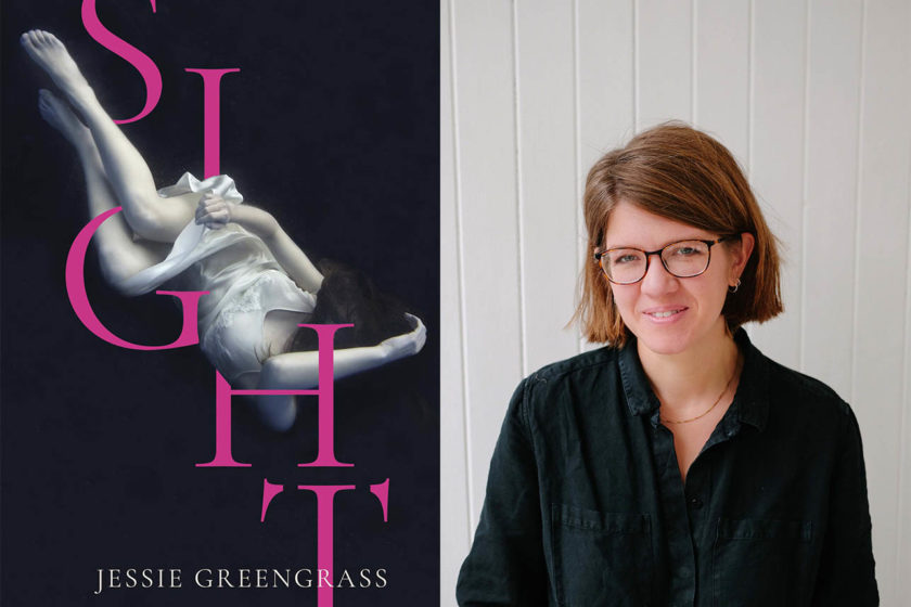 The author Jessie Greengrass next to their book Sight.