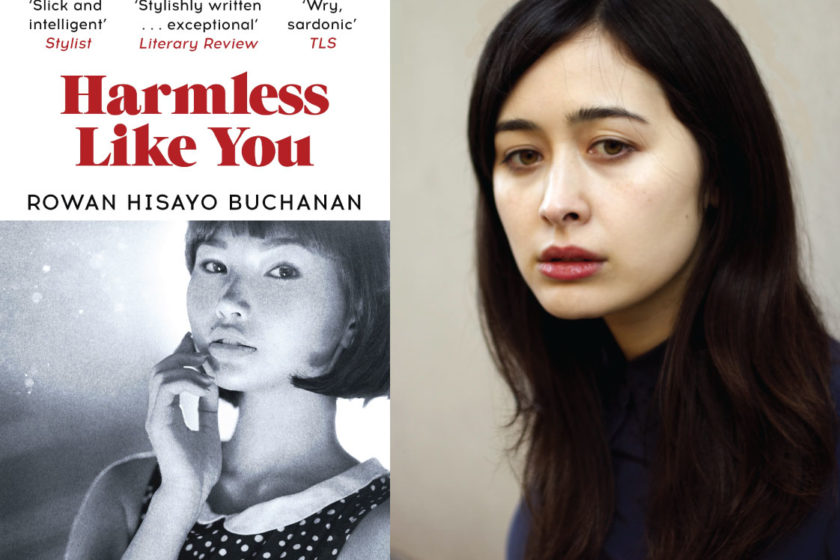 The author Rowan Hisayo Buchanan next to their book Harmless Like You.