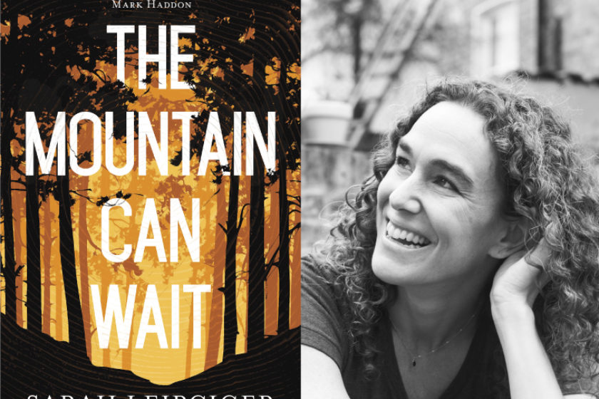 A photograph of the author Sara Leipciger next to their book The Mountain Can Wait.