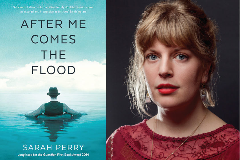 A photograph of the author Sarah Perry next to their book After Me Comes The Flood.