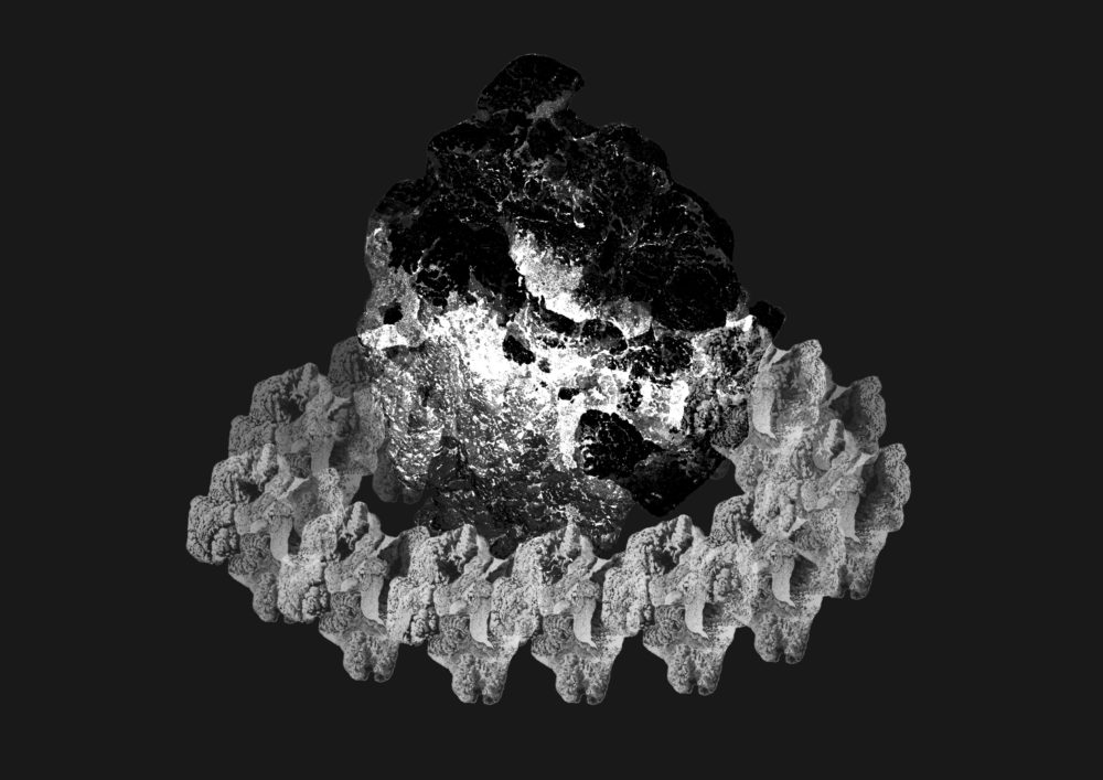 Film still: A manipulated image of a ring-of-rocks around a large, central rock.