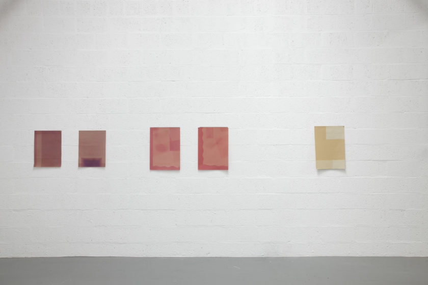 Installation view of Sara MacKillop, Faded Paper (2011). Five sheets of sugar paper, faded by the sun, are pinned to the white gallery wall.