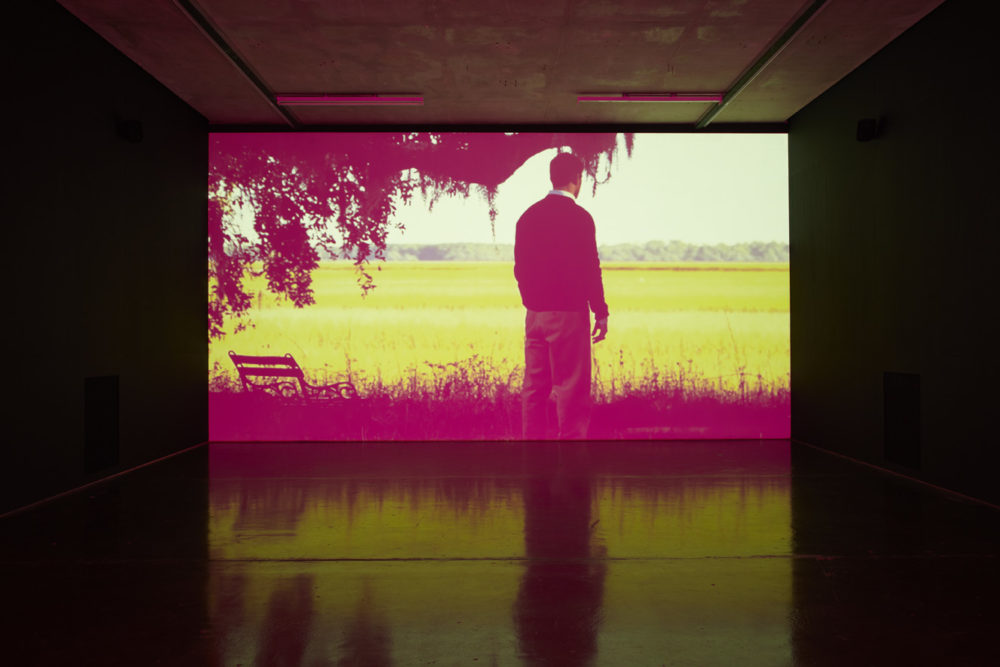 Installation view of Savage, I Asked You a Thousand Times (2011). A projection of a man looking at a field.
