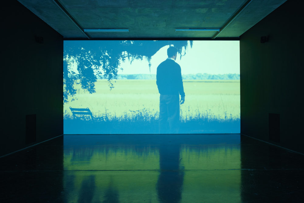 Installation view of Savage, I Asked You a Thousand Times (2011). A projection of a man looking at a field.