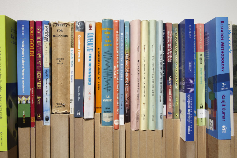 Installation view of Savage Presents Jean Michel Jarre (2011). An uneven bookshelf is made so that books of different heights all sit flush with one another.