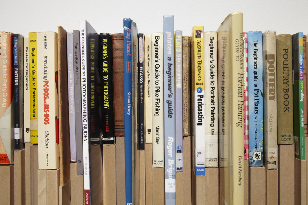 Installation view of Savage Presents Jean Michel Jarre (2011). An uneven bookshelf is made so that books of different heights all sit flush with one another.