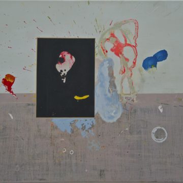 An abstract painting: The canvas appears split in two horizontally - the top half is a sage green, the bottom is dull pink. Splashes of colour appear over the top, and just to the left of the centre is a rectangle of black that has a piece cut away to see more colour splashes through.