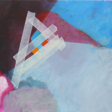 A oil on canvas painting with blue, pink and purple splodges. A triangle of tape sits on top of the painting.