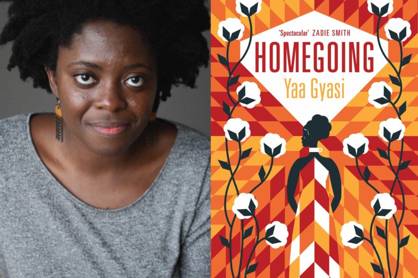 A photograph of the author Yaa Gyasi next to their book Homegoing.