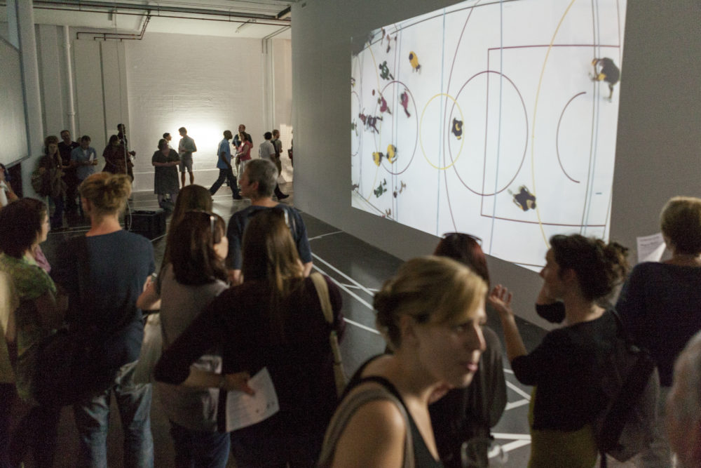 Sophie Warren and Jonathan Mosley with Can Altay, Rogue Game (2012) Spike Island, Bristol. Photograph by Max McClure