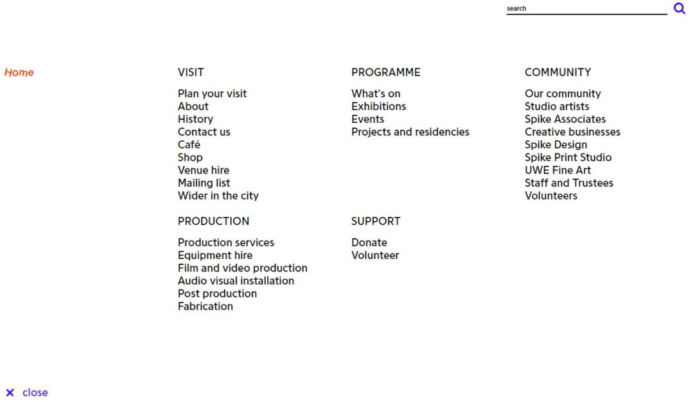 The Spike Island website 'More Pages' option revealed after pressing the hamburger menu. From here, discover more elements of the Spike Island webpage