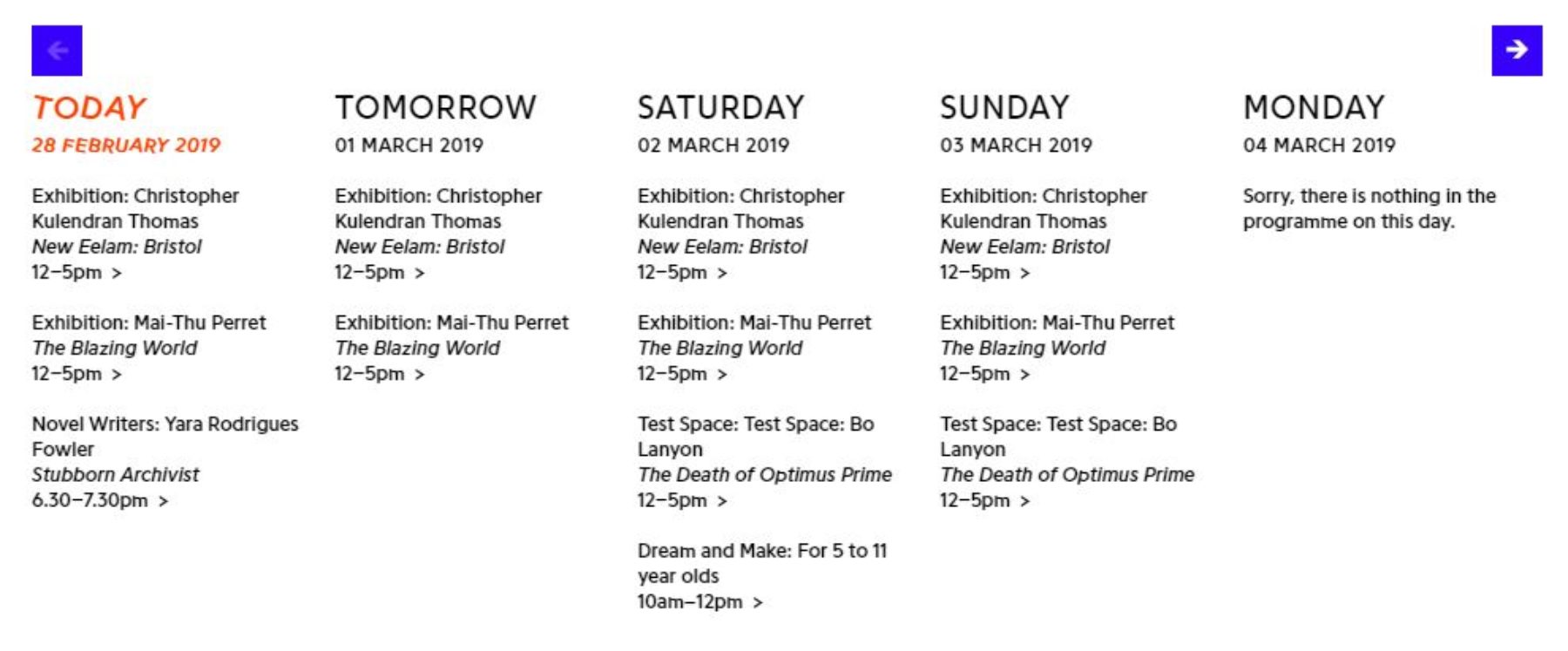 Calendar from the Spike Island website. Details on the name, time and type of event