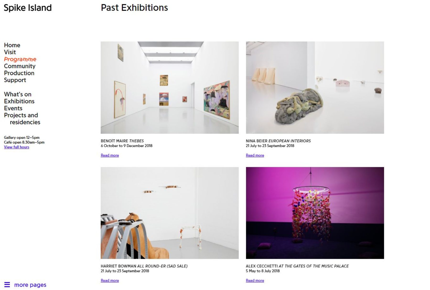 The Spike Island website featuring content from the Programme page. Including names, dates and images from past exhibitions