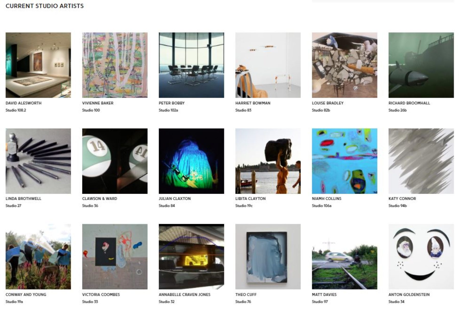 Current Studio Artists page from the Spike Island website. Featuring a tile of images with their respective names and a picture of their work